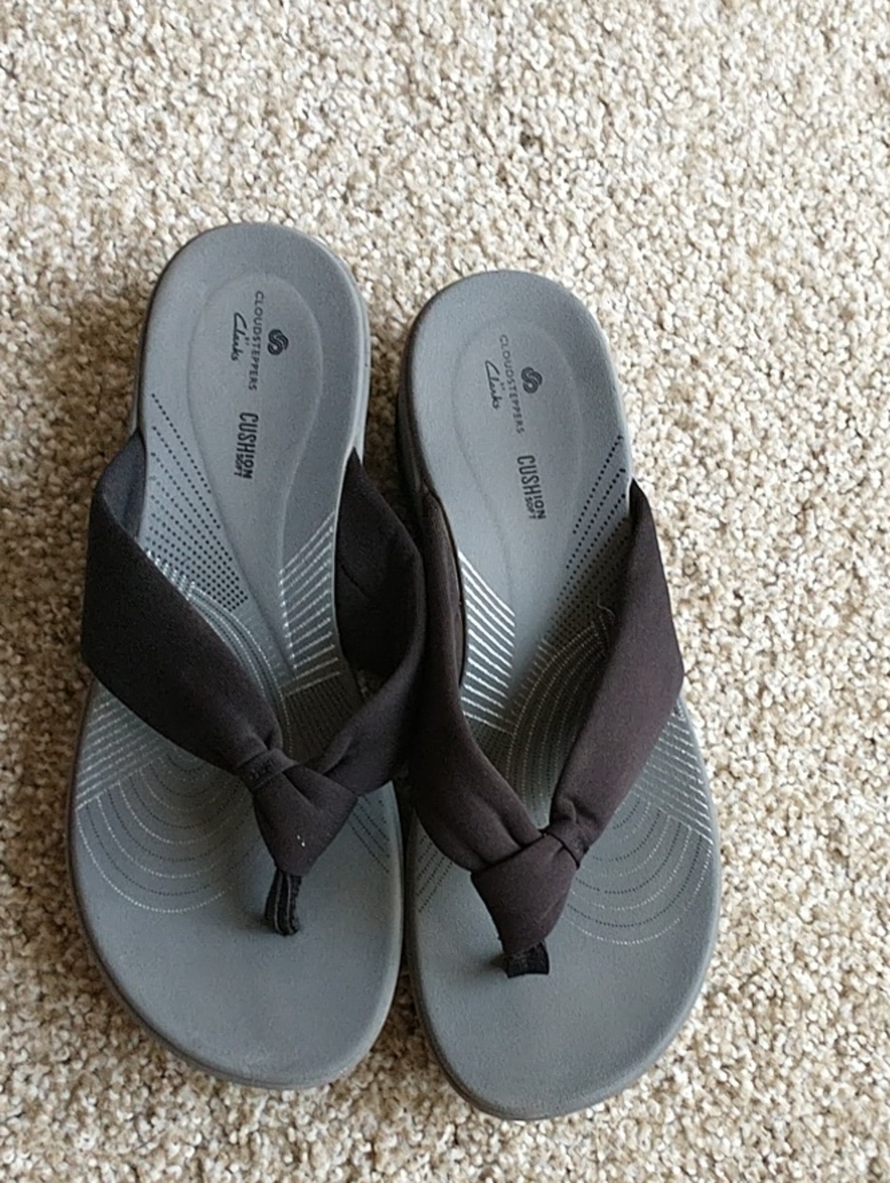 Clarks Gray Footbed Sandals with Dark Brown Fabric Straps